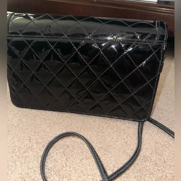 Vintage Ande' Mid Century Black patent leather Quilted Purse W shoulder strap - Picture 9 of 12